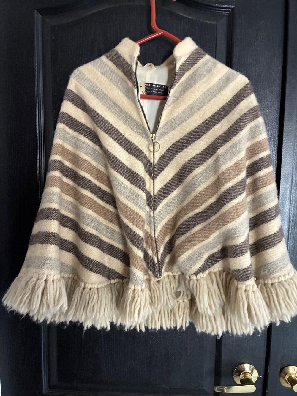 M. Vintage 100% Icelandic wool Striped Fringe Zip-Front Cape - Cream & Brown.